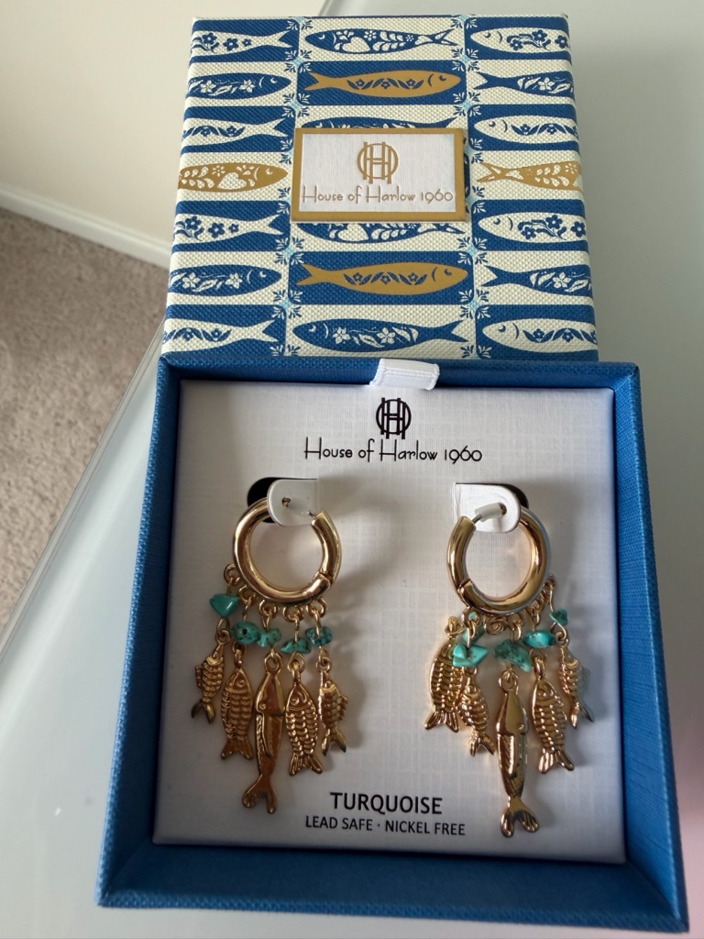 Gold Hoop Earrings with Turquoise Fish Charms